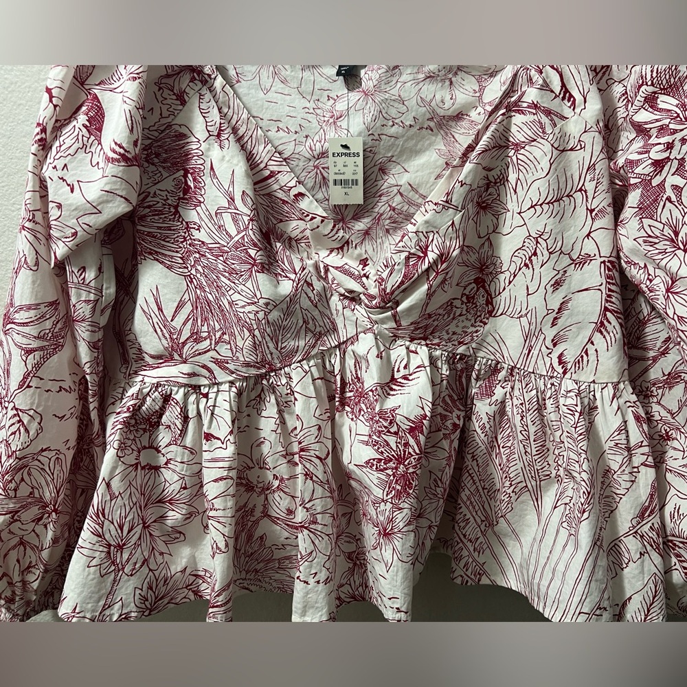 Express printed off the shoulder twist front peplum top size XL puffy sleeves - Picture 8 of 11